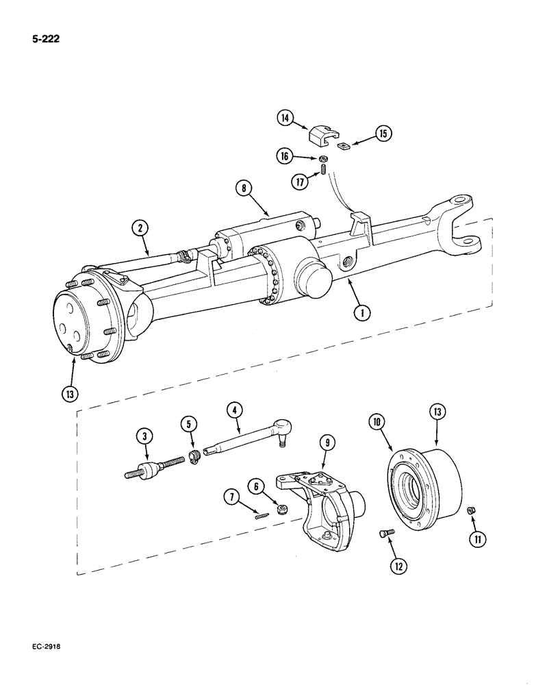 Схема запчастей Case IH 585 - (5-222) - AXLE, FRONT, 4 WHEEL DRIVE, P.I.N. 18001 AND AFTER (05) - STEERING