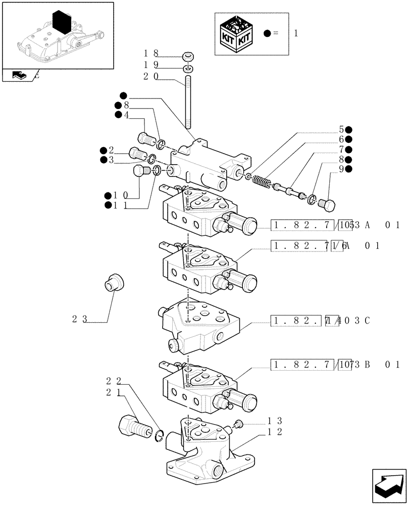 Схема запчастей Case IH FARMALL 75N - (1.82.7/04[01]) - THREE REMOTE VALVES & FLOW-RATE REGULATOR FOR EDC - VALVE AND FLANGE (VAR.335390 / 743525) (07) - HYDRAULIC SYSTEM