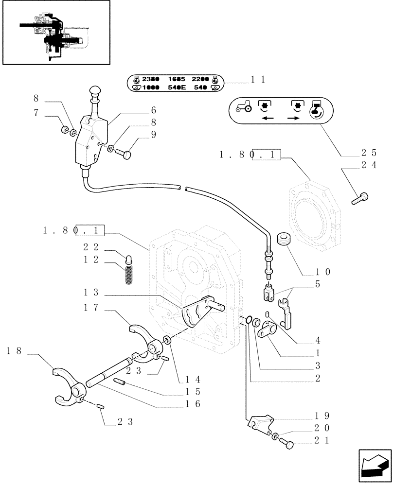 Схема запчастей Case IH JX100U - (1.96.3/02) - (VAR.729/1) SYNCHRO MESH GEARED POWER TAKE-OFF 540 - 750 - 1000 RPM - CONTROL PARTS (10) - OPERATORS PLATFORM/CAB