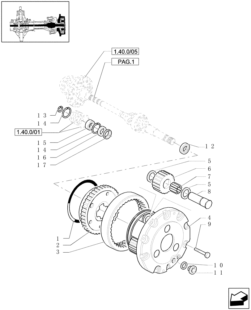 Схема запчастей Case IH JX1080U - (1.40. 0/06[02]) - FRONT AXLE 4WD - EPICYCLIC REDUCTION GEAR (04) - FRONT AXLE & STEERING