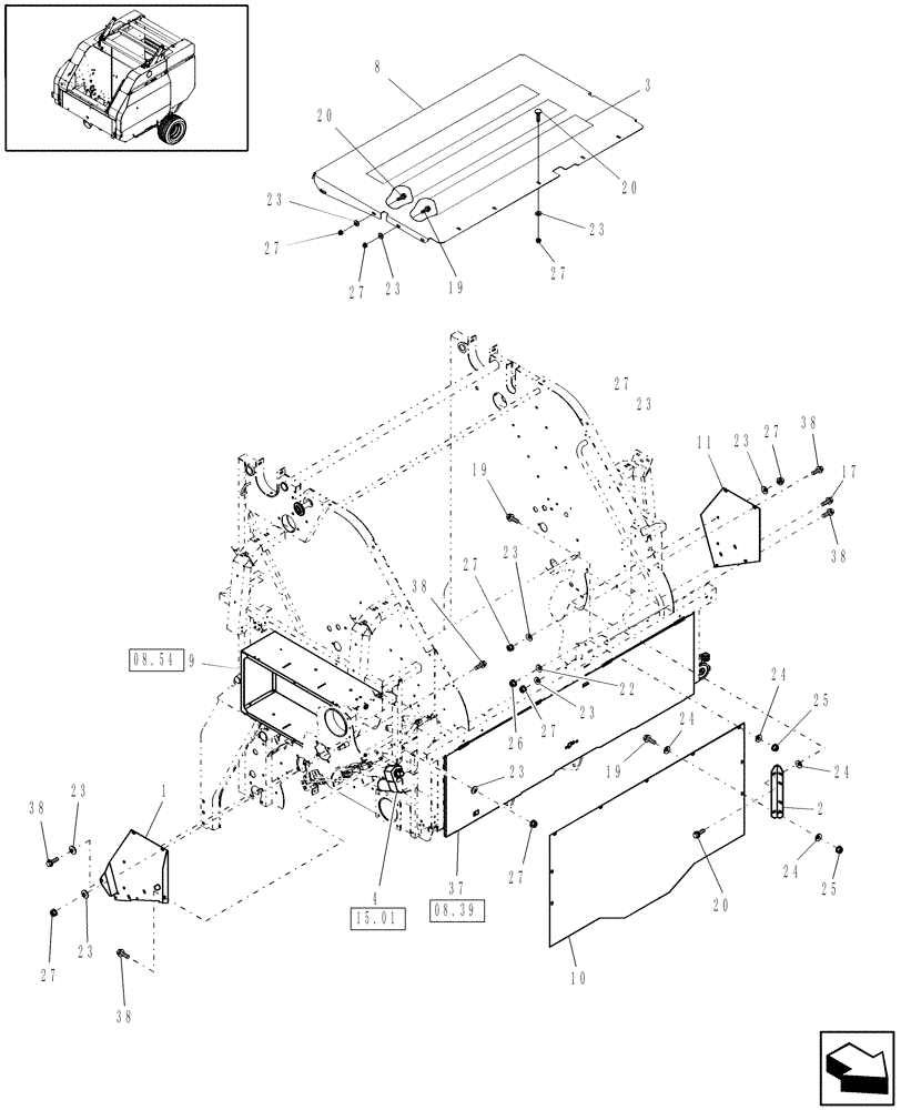 Схема запчастей Case IH RBX453 - (08.55) - SHIELDS, BALE COMMAND™, TWINE, P.I.N. Y6N016414 & AFTER (08) - SHEET METAL/DECALS