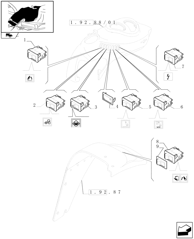 Схема запчастей Case IH FARMALL 85C - (1.91.1[04]) - SWITCH AND RELATED PARTS (10) - OPERATORS PLATFORM/CAB