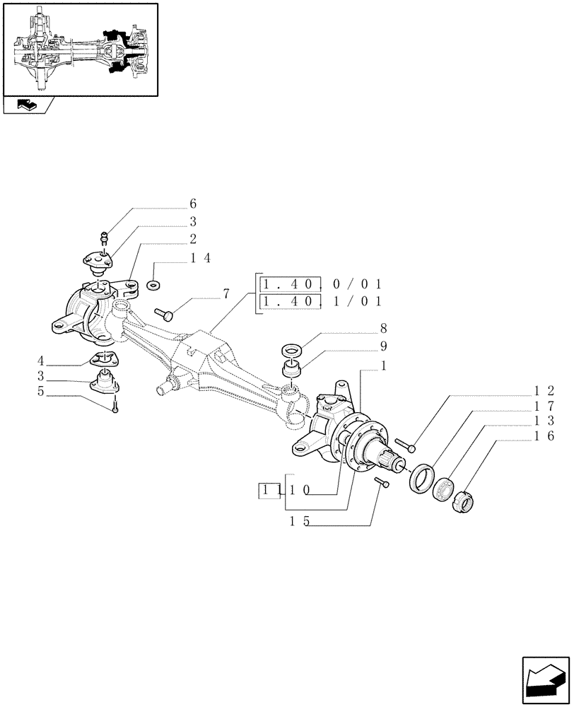 Схема запчастей Case IH FARMALL 60 - (1.40.3/02) - 4WD FRONT AXLE NO-SPIN DIFFERENTIAL LOCK - STEERING KNUCKLE (VAR.336325) (04) - FRONT AXLE & STEERING