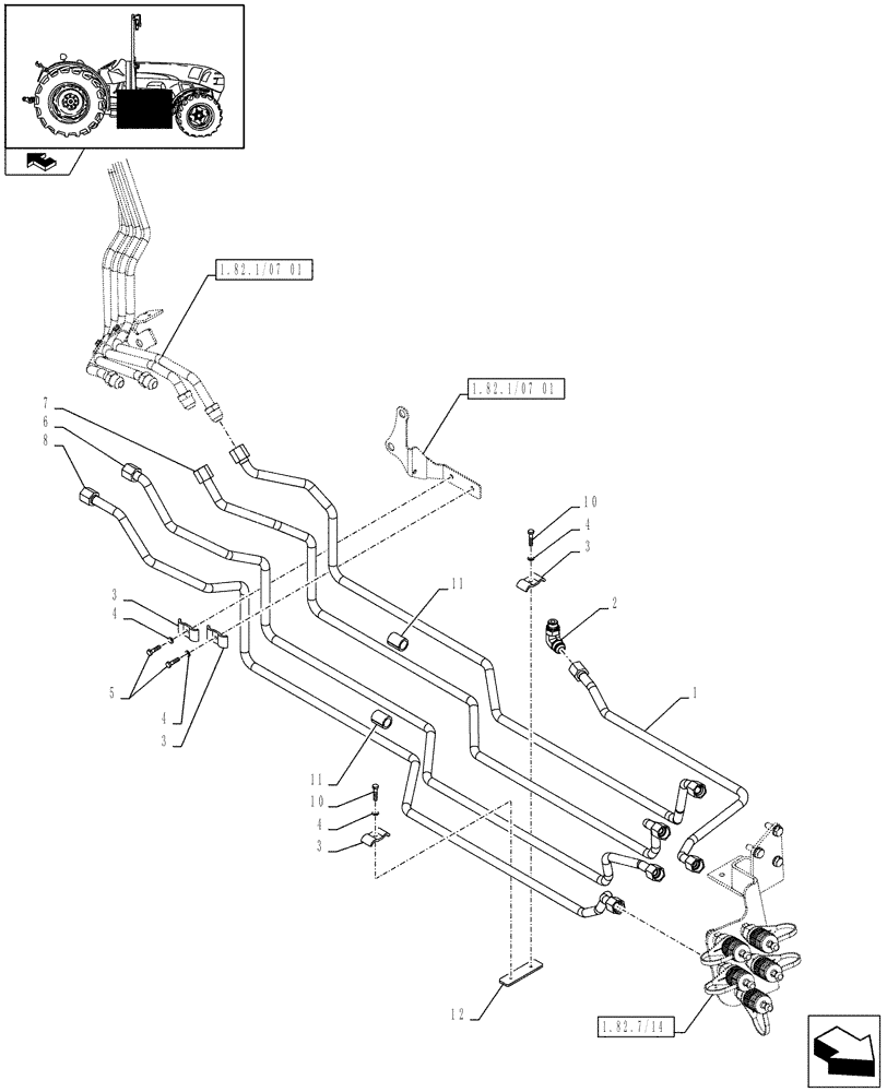 Схема запчастей Case IH FARMALL 85N - (1.82.1/07[02]) - 2 MID MOUNT PIPES, 4 COUPLERS - MIDDLE PIPES - L/CAB (VAR.330119) (07) - HYDRAULIC SYSTEM