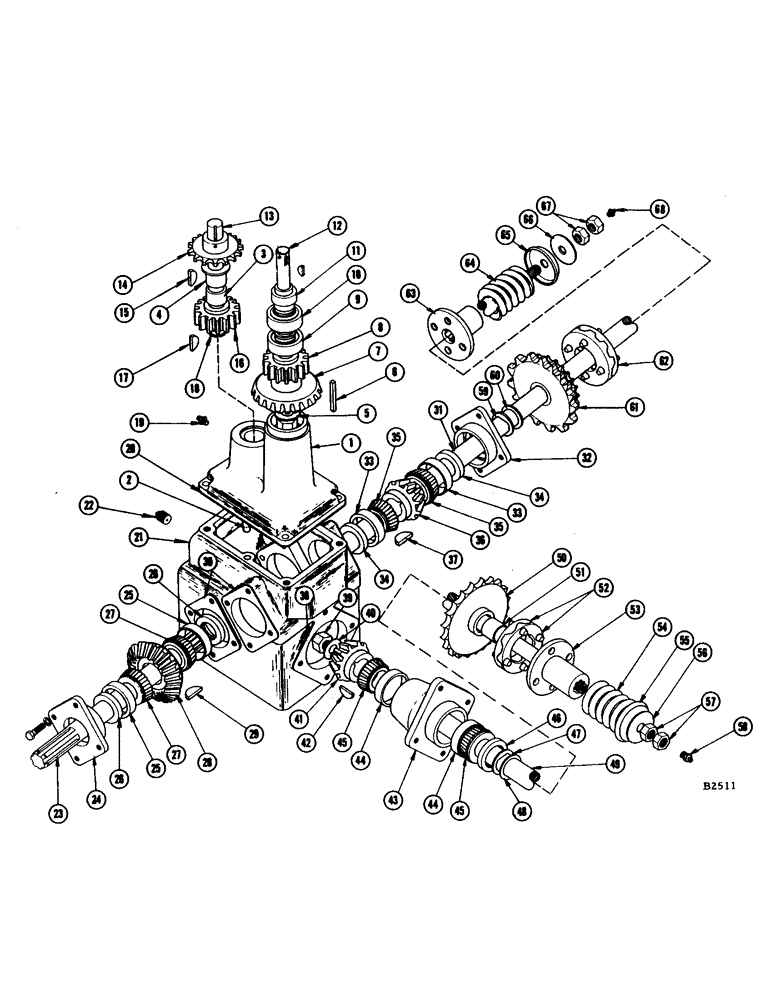 Схема запчастей Case IH 404 - (38) - GEAR BOX - R.H., ROWS 2, 3, AND 4 (58) - ATTACHMENTS/HEADERS