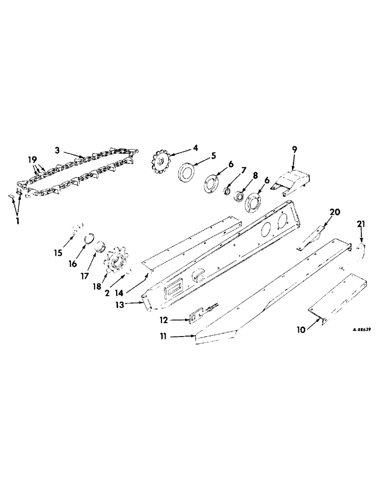 Схема запчастей Case IH 55 - (B-53) - ROW CROP UNIT (ONE-ROW) - CENTER GATHERER CHAIN AND PAN, RIGHT (58) - ATTACHMENTS/HEADERS