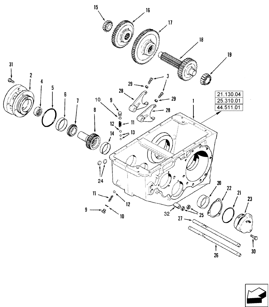 Схема запчастей Case IH 5130 - (21.140.01) - TRANSMISSION ASSY - INPUT SHAFT, GEARS AND SHIFTER RAILS (21) - TRANSMISSION