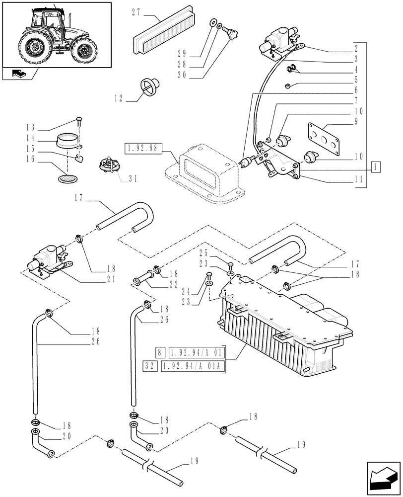 Схема запчастей Case IH FARMALL 90 - (1.92.94[03A]) - CAB - HEATING SYSTEM - D6060 - C6615 (10) - OPERATORS PLATFORM/CAB