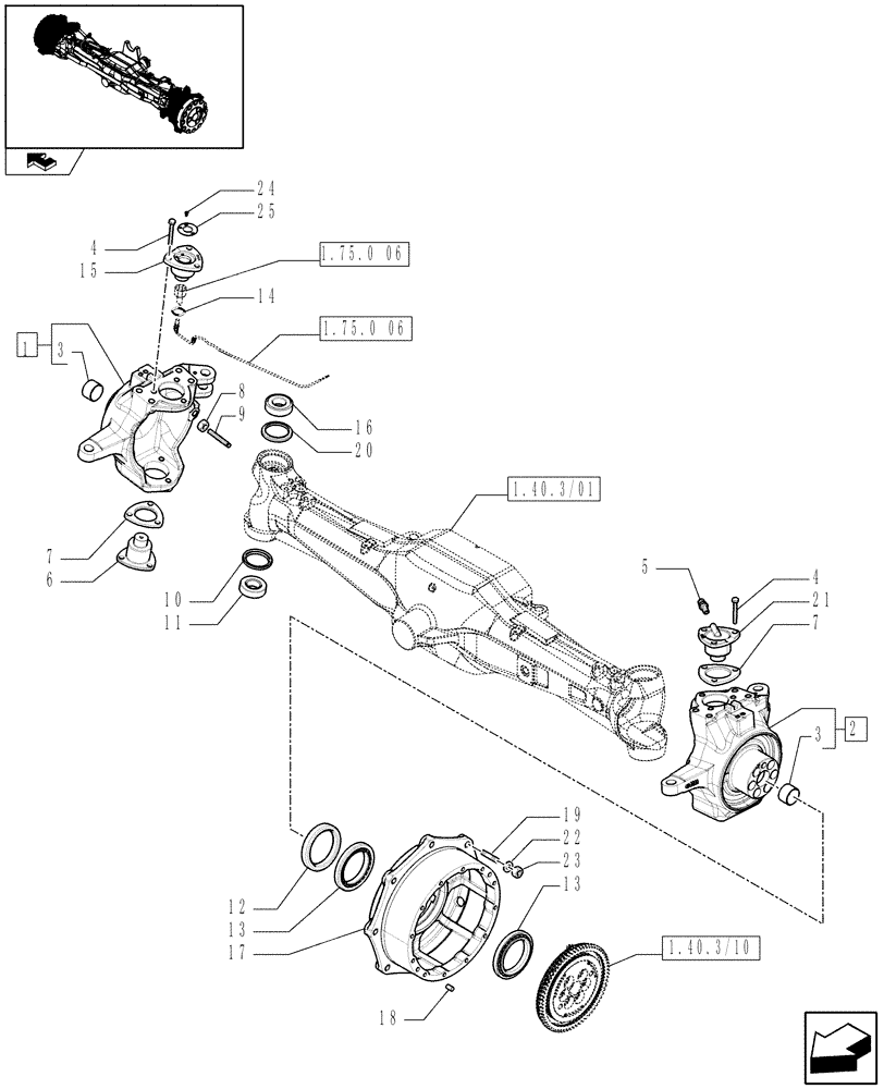 Схема запчастей Case IH PUMA 180 - (1.40.3/02) - (VAR.212) FRONT AXLE WITH ACTIVE SUSPENSIONS AND BRAKES - STEERING PIVOT PINS (04) - FRONT AXLE & STEERING