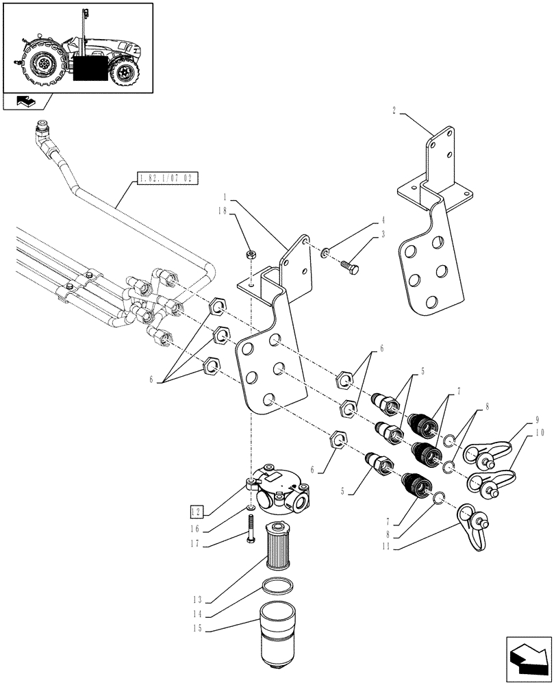 Схема запчастей Case IH FARMALL 95N - (1.82.7/14) - 2 MID MOUNT PIPES, 4 COUPLERS - QUICK COUPLER - L/CAB (VAR.330119) (07) - HYDRAULIC SYSTEM