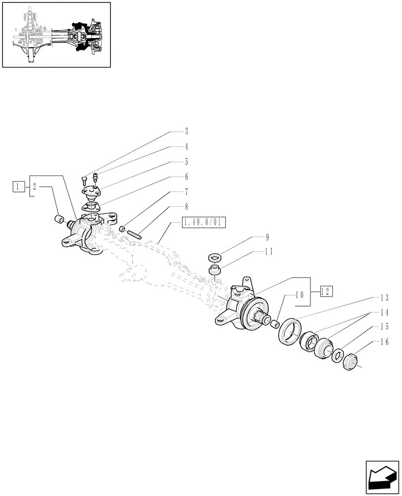 Схема запчастей Case IH JX1070U - (1.40.10/02[01]) - (VAR.500-501) FRONT AXLE CLASS 1 WITH SECOND STEERING CYLINDER AND HYDRAULIC LOCK - STUB AXLES (04) - FRONT AXLE & STEERING