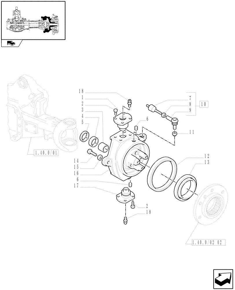 Схема запчастей Case IH FARMALL 105V - (1.40.0/02[01]) - STANDARD FRONT AXLE WITH ELECTROHYDR. DIFF. LOCK LESS FRONT BRAKES (40 KM/H) - STEERING KNUCKLE (04) - FRONT AXLE & STEERING