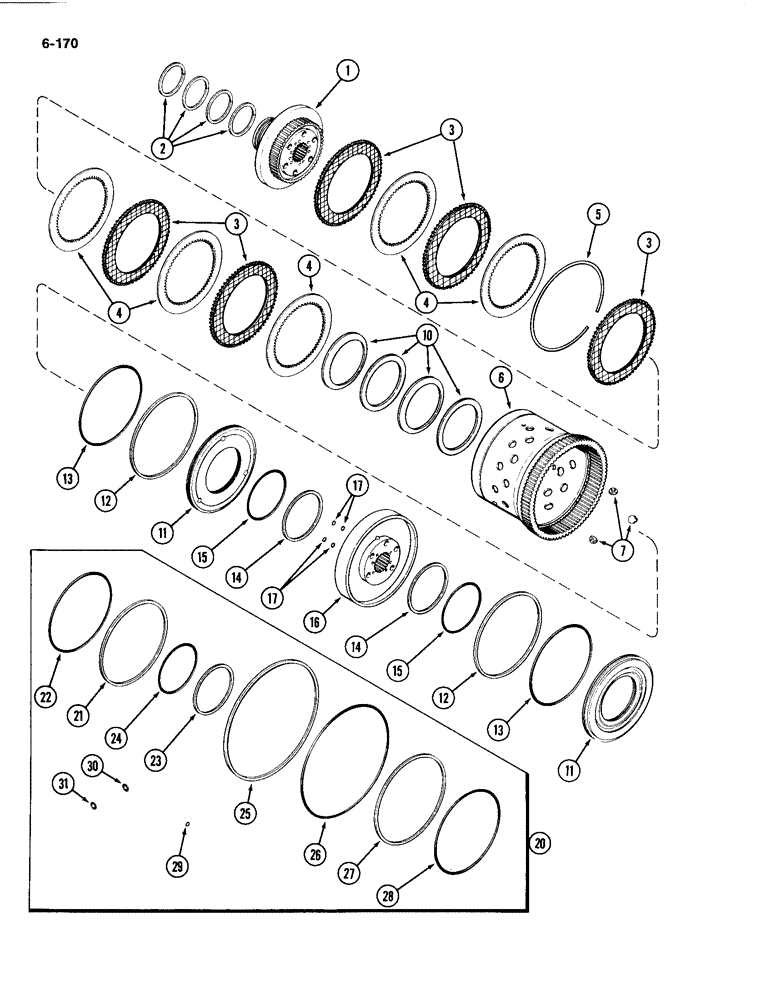 Схема запчастей Case IH 4494 - (6-170) - TRANSMISSION CLUTCH ASSEMBLY, (C2) AND (C3) CLUTCHES, PRIOR TO TRANSMISSION SERIAL NO. 16258468 (06) - POWER TRAIN