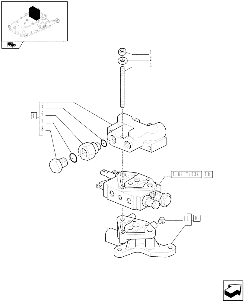 Схема запчастей Case IH FARMALL 65C - (1.82.7/03[01]) - 1 REAR REMOTE VALVE FOR MID-MOUNT AND MDC - REMOTE VALVES (VAR.331107) (07) - HYDRAULIC SYSTEM