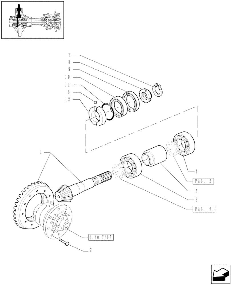 Схема запчастей Case IH JX90 - (1.40. 7/06[01]) - (VAR.539) CLASS 2 FRONT AXLE WITH 2ND STEERING CYLYNDER & LIMITED SLIP (3OKM - BEVEL GEAR PINION SET (04) - FRONT AXLE & STEERING