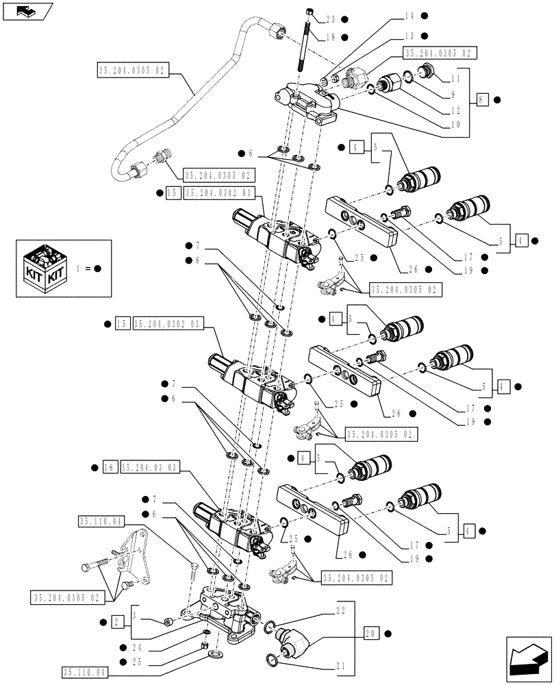 Схема запчастей Case IH FARMALL 65C - (35.204.0305[01]) - 3 REAR CONTROL VALVES WITH 6 DELUXE COUPLERS - CONTROL VALVES AND QUICK COUPLERS - ISO (VAR.334195) - END YR 09-MAY-2016 (35) - HYDRAULIC SYSTEMS