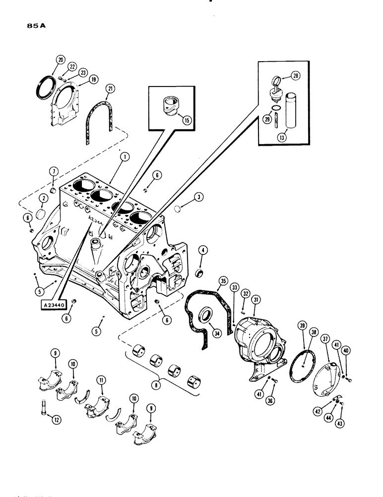 Схема запчастей Case IH 730 SERIES - (085A) - CYLINDER BLOCK ASSEMBLY, MODEL 730, 251 SPARK IGNITION ENGINE, CASTING NO. A23440 (02) - ENGINE