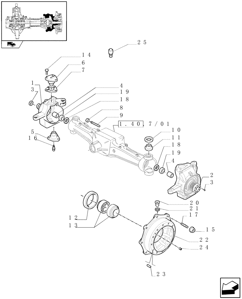 Схема запчастей Case IH PUMA 125 - (1.40.7/02[01]) - (CL.4) SUSPENDED FRONT AXLE W/MULTI-PLATE DIF. LOCK, ST. SENSOR AND BRAKES - STEERING AXLES AND HUBS (VAR.330430) (04) - FRONT AXLE & STEERING