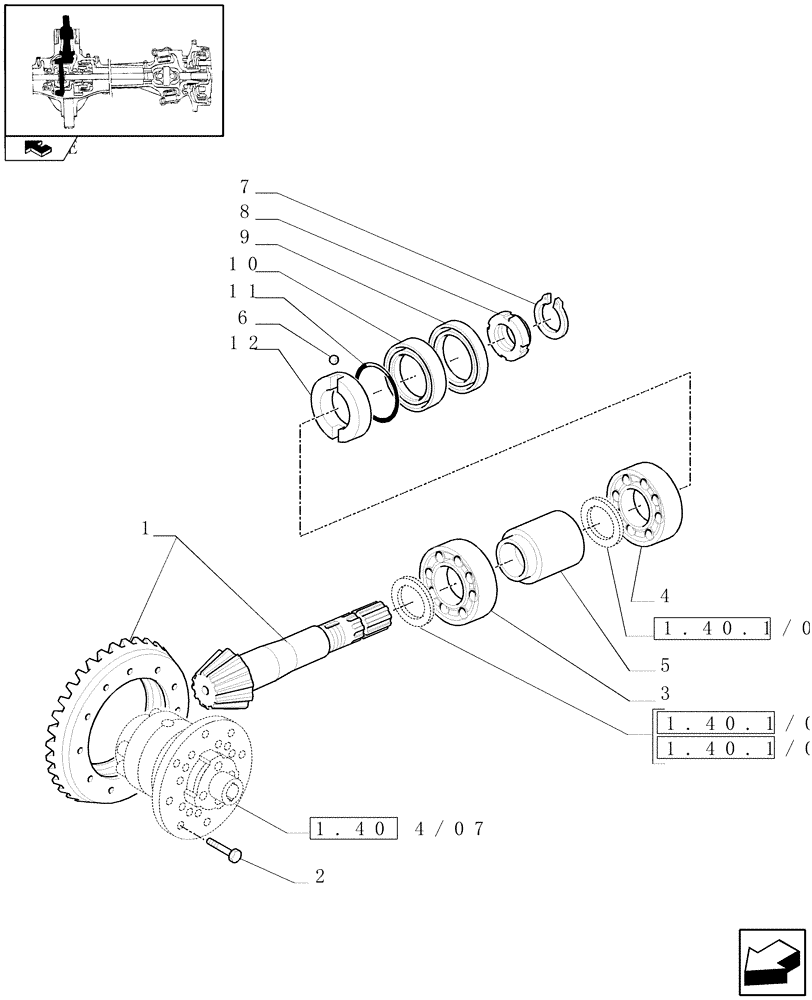 Схема запчастей Case IH FARMALL 80 - (1.40.4/06) - CLASS 2 FRONT AXLE WITH 2ND STEERING CYL. & LIM. SLIP (3OKM/H ) - BEVEL GEAR PINION SET (VAR.335539-743906) (04) - FRONT AXLE & STEERING