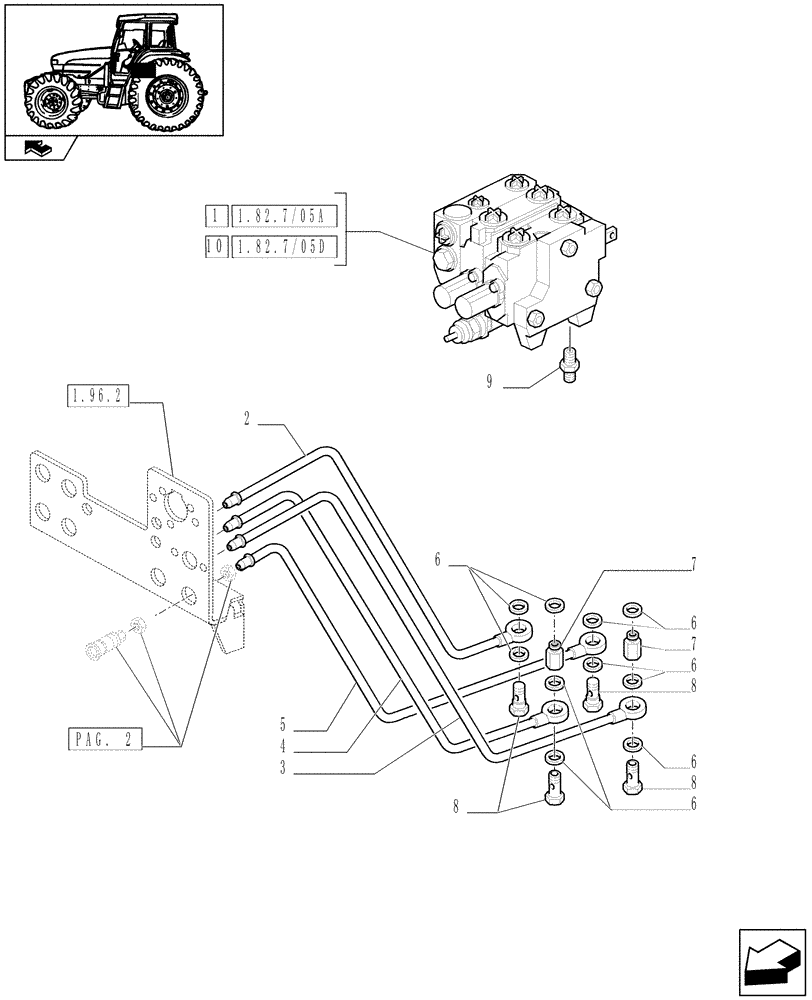 Схема запчастей Case IH FARMALL 105U - (1.82.7/05[01]) - TWO CONTROL VALVES (BOSCH) - PIPES (VAR.330357) (07) - HYDRAULIC SYSTEM