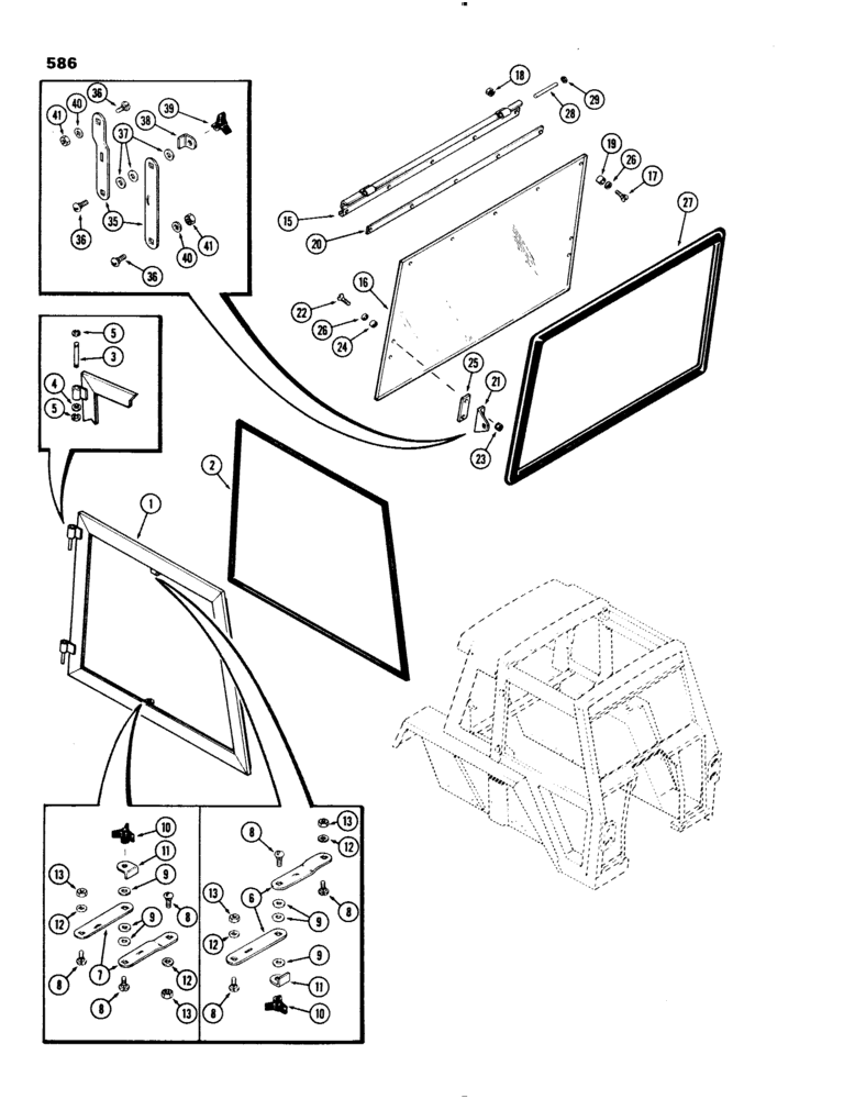 Схема запчастей Case IH 1070 - (0586) - CAB, WINDOWS, 1ST USED CAB SERIAL NUMBER 7872700 (09) - CHASSIS/ATTACHMENTS