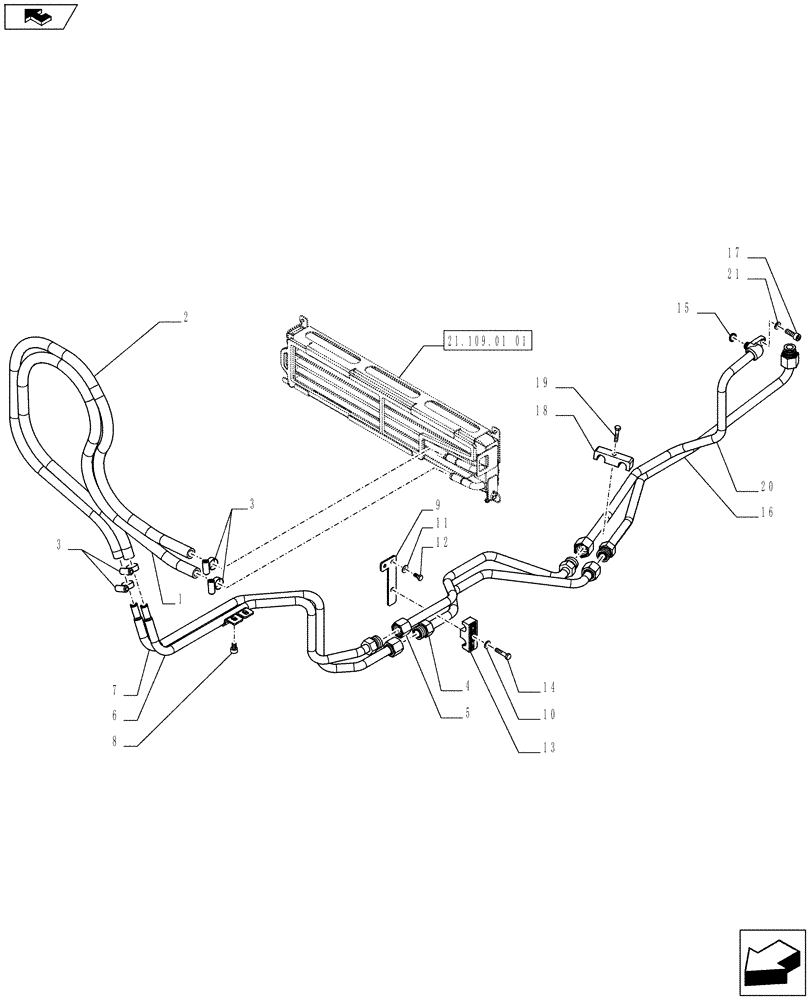 Схема запчастей Case IH FARMALL 75C - (21.109.01[02]) - OIL COOLER FOR POWER SHUTTLE TRANSMISSION - PIPES (VAR.339823 / 743563) (21) - TRANSMISSION