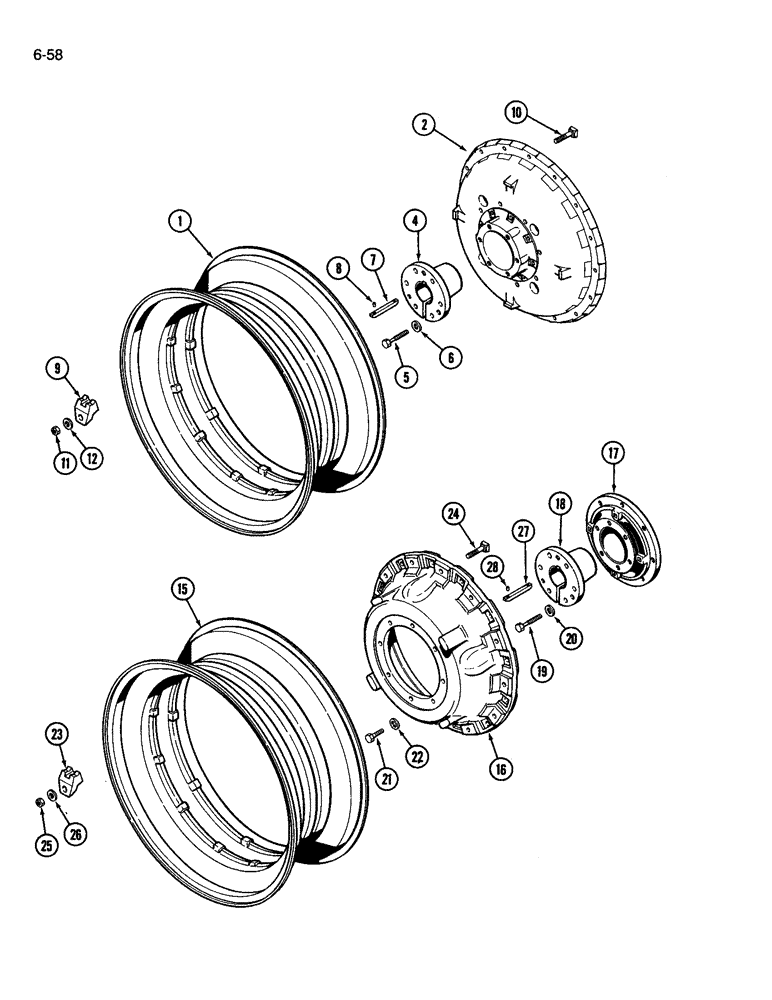 Схема запчастей Case IH 3394 - (6-58) - REAR WHEELS, SOLID/UNIVERSAL CAST WITH 42 INCH RIMS (06) - POWER TRAIN