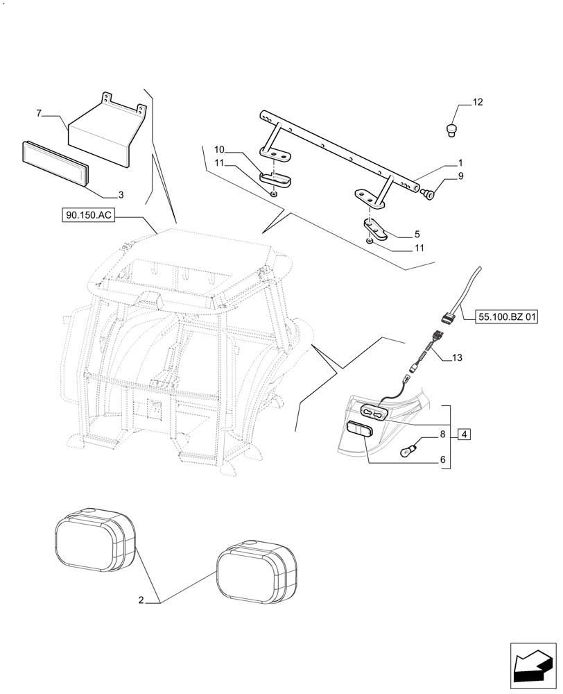 Схема запчастей Case IH FARMALL 125A - (55.404.BS[03]) - WORKING LIGHT - W/ CAB (55) - ELECTRICAL SYSTEMS