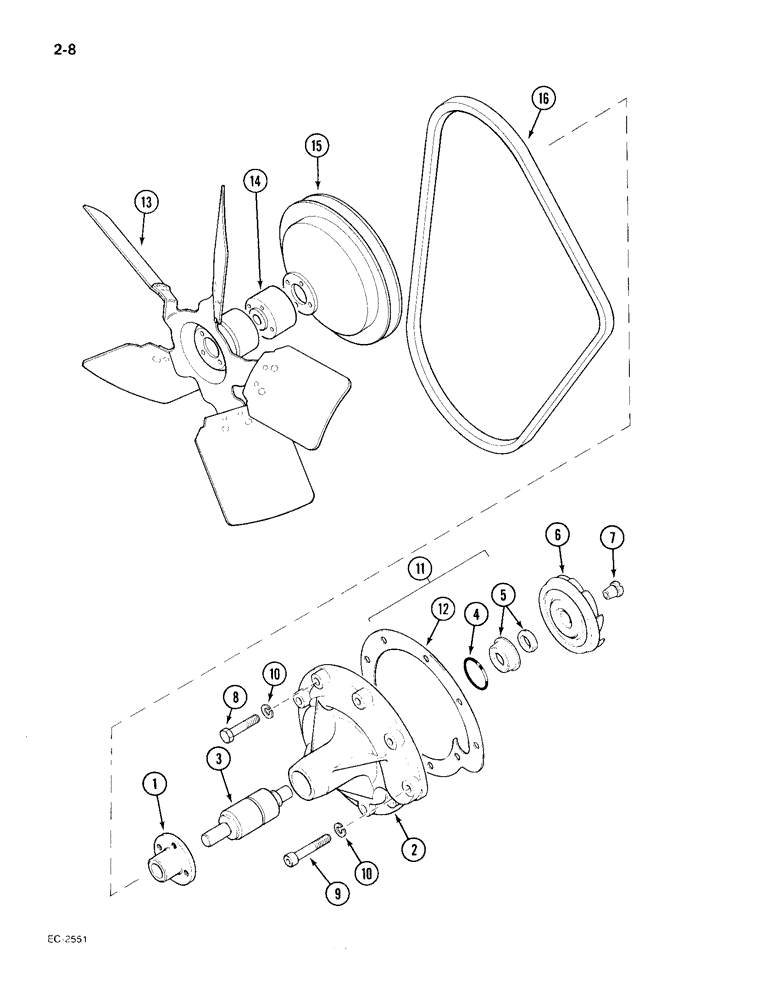 Схема запчастей Case IH 385 - (2-008) - WATER PUMP AND FAN (02) - ENGINE