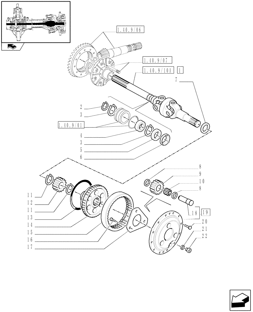 Схема запчастей Case IH PUMA 115 - (1.40. 9/10[01A]) - (CL.3) SUSPENDED FRONT AXLE WITH HYDR. DIFF. LOCK, ST. SENSOR & BRAKES-DIFF.GEARS & DIFF.SHAFT - D5954 - C6449 (VAR.330427) (04) - FRONT AXLE & STEERING