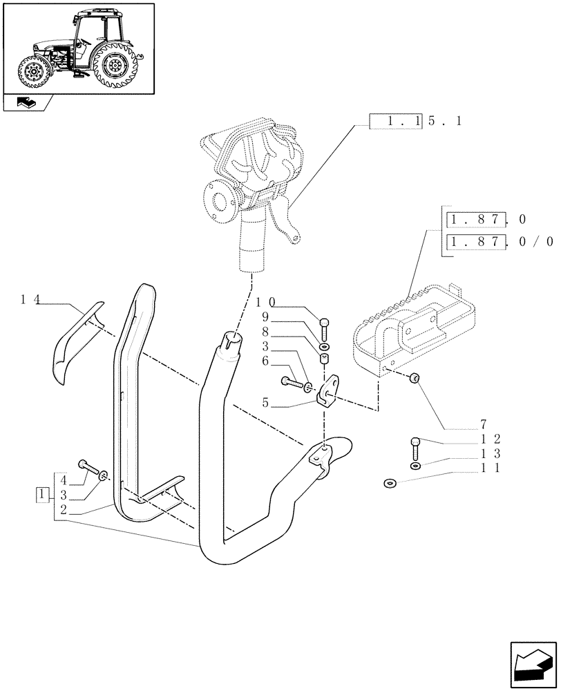 Схема запчастей Case IH FARMALL 75C - (1.15.1/03) - HORIZONTAL EXHAUST WITH GUARD SHIELD (VAR.330150) (02) - ENGINE EQUIPMENT