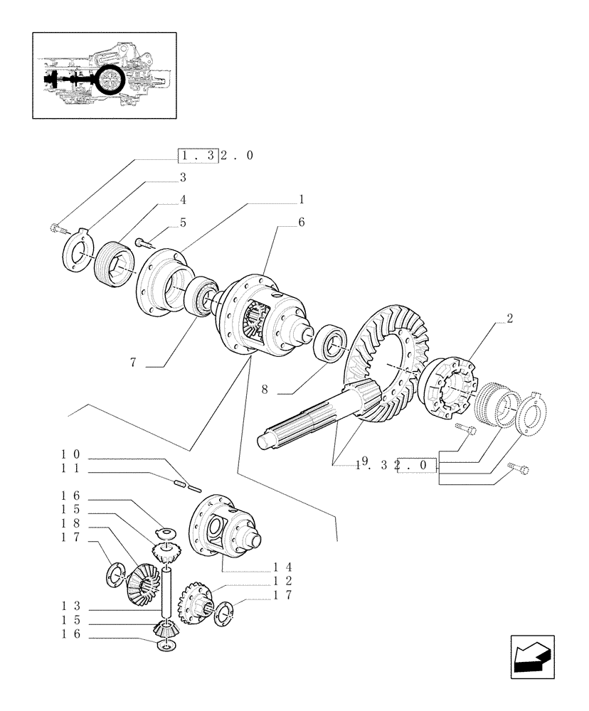 Схема запчастей Case IH JX80U - (1.32.4/01) - (VAR.308-308/1) FRONT AXLE CL.2 HYDR. LOCKING 30-40 KM/.- BEVEL GEAR PAIR (03) - TRANSMISSION