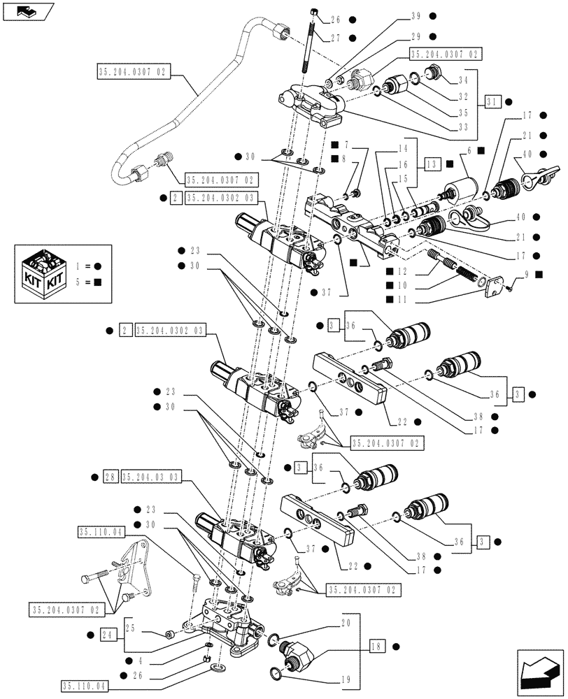 Схема запчастей Case IH FARMALL 75C - (35.204.0307[01]) - 3 REAR CONTROL VALVES WITH 8 COUPLERS (4 STD + 4 DLX) AND DIVERTER - CONTROL VALVES AND QUICK COUPLERS - ISO (VAR.335195-336195 / 743571) - END YR 09-MAY-2016 (35) - HYDRAULIC SYSTEMS