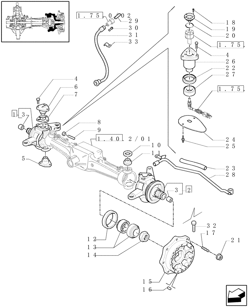 Схема запчастей Case IH MAXXUM 130 - (1.40. 2/02) - 4WD (CL.3) FRONT AXLE WITH WET CLUTCH, "TERRALOCK" - STEERING AXLES AND HUBS (04) - FRONT AXLE & STEERING