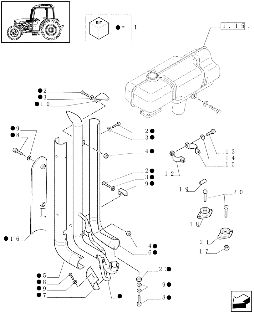 Схема запчастей Case IH JX1085C - (1.15.1/05[01A]) - (VAR.466-503) "A" PILLAR TYPE VERTICAL EXHAUST W/ GUARD SHIELD FOR CAB - SILENCER (MUFFLER) - D5594 (02) - ENGINE EQUIPMENT