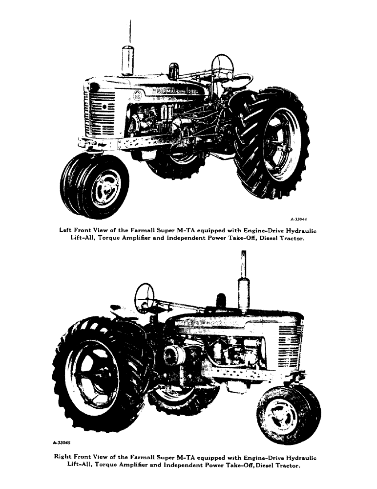 Схема запчастей Case IH SUPER M-TA - (005) - LEFT AND RIGHT FRONT VIEW OF THE FARMALL SUPER "M-TA" TRACTOR (00) - GENERAL