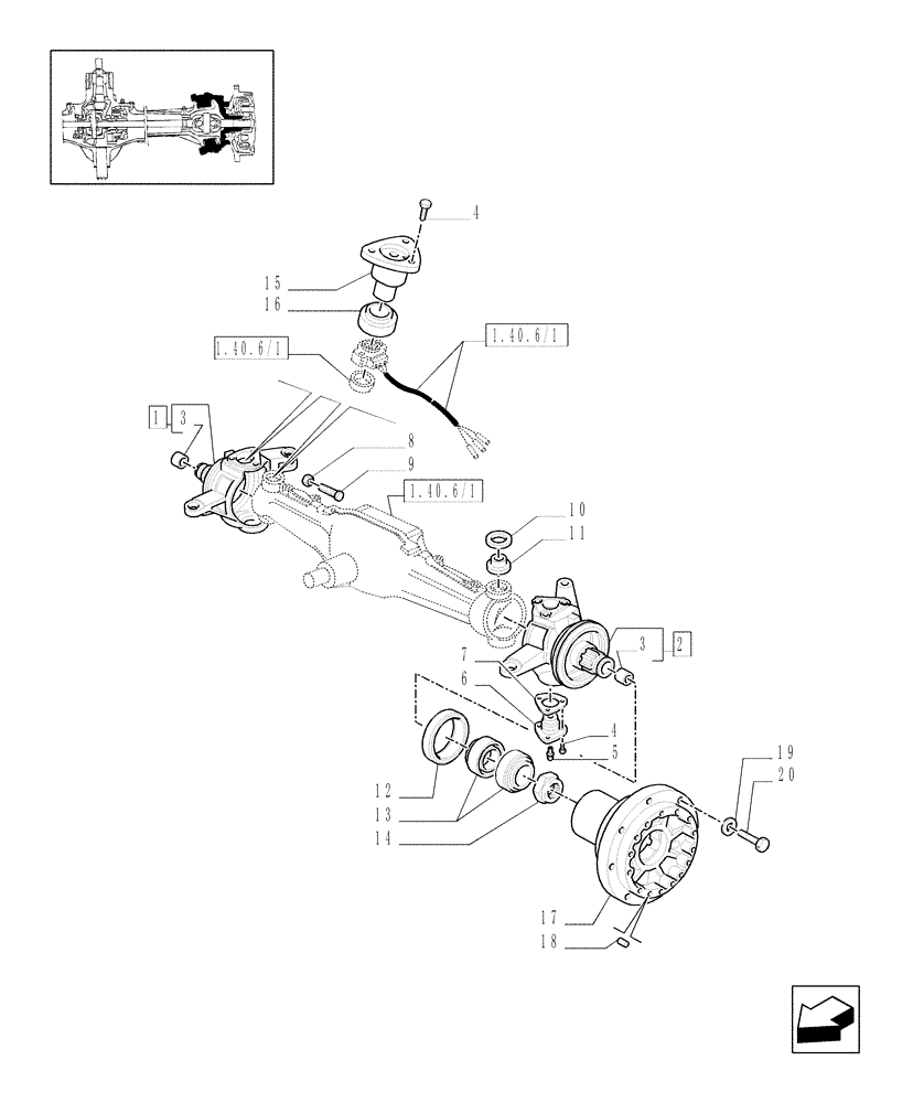 Схема запчастей Case IH MXM140 - (1.40.6/02[01]) - (VAR.463) 4WD FRONT AXLE WITH SUSPENSIONS, FULL POWER SHIFT - STEERING PIVOT PINS AND HUBS - C5196 (04) - FRONT AXLE & STEERING