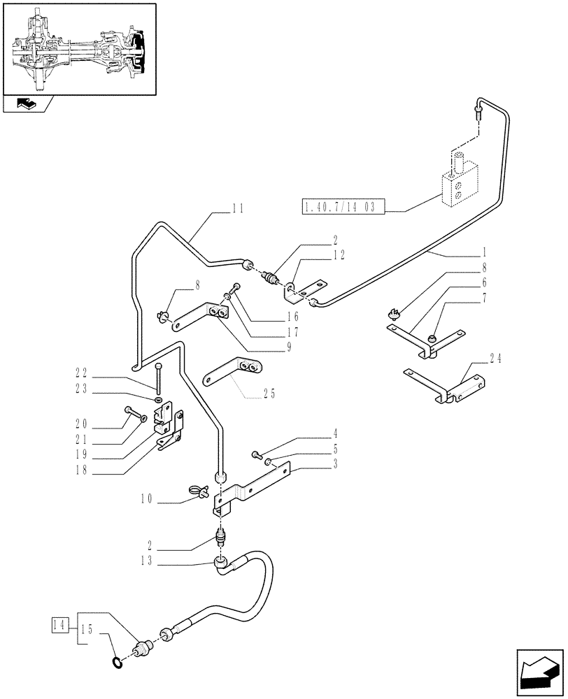 Схема запчастей Case IH PUMA 125 - (1.40.7/14[04]) - (CL.4) SUSPENDED FRONT AXLE W/MULTI-PLATE DIFF. LOCK, ST. SENSOR AND BRAKES - PIPES (VAR.330430) (04) - FRONT AXLE & STEERING