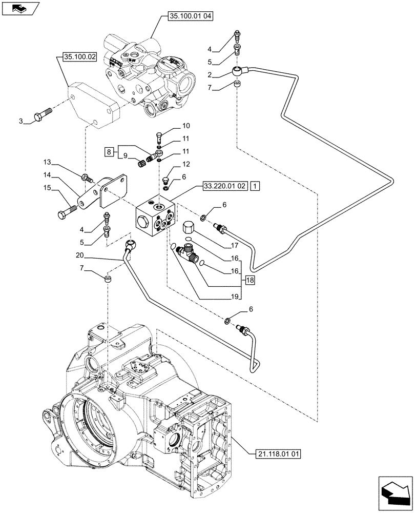 Схема запчастей Case IH PUMA 215 - (33.220.01[01]) - BRAKING LOGIC VALVE FOR CLOSED CENTRE LOAD SENSING HYD. - BRAKE LOGIC VALVE AND PIPES (VAR.743981 / 743896) (33) - BRAKES & CONTROLS