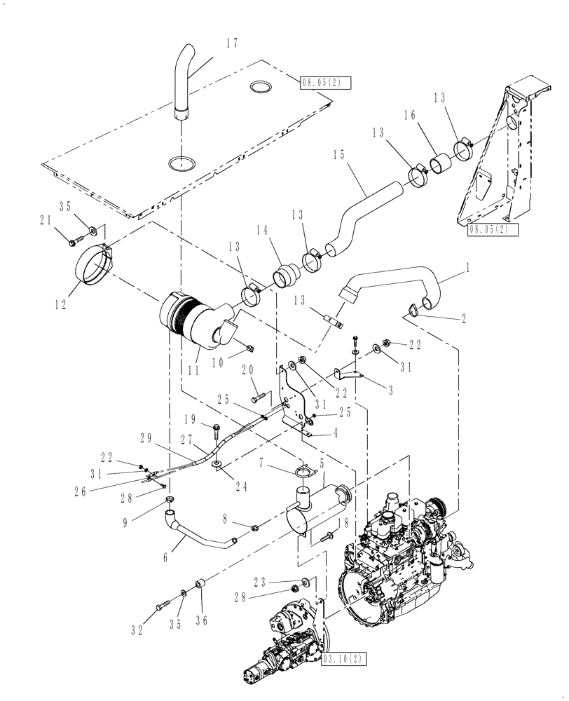 Схема запчастей Case IH WD1203 - (02.05[2]) - AIR INTAKE, 10" AIR CLEANER & EXHAUST SYSTEM, 4 CYL (02) - ENGINE EQUIPMENT