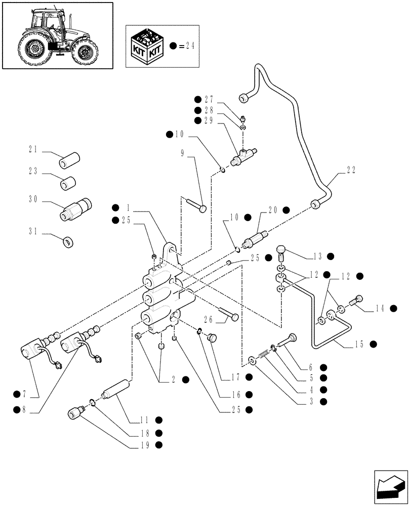 Схема запчастей Case IH JX90 - (1.33.2/03[02]) - (VAR.384) ELECTROHYDRAULIC DIFFERENTIAL LOCK E ELECTROHYDRAULIC 4WD ENGAGEMENT - PIPES & SOLENOID VALVES (04) - FRONT AXLE & STEERING