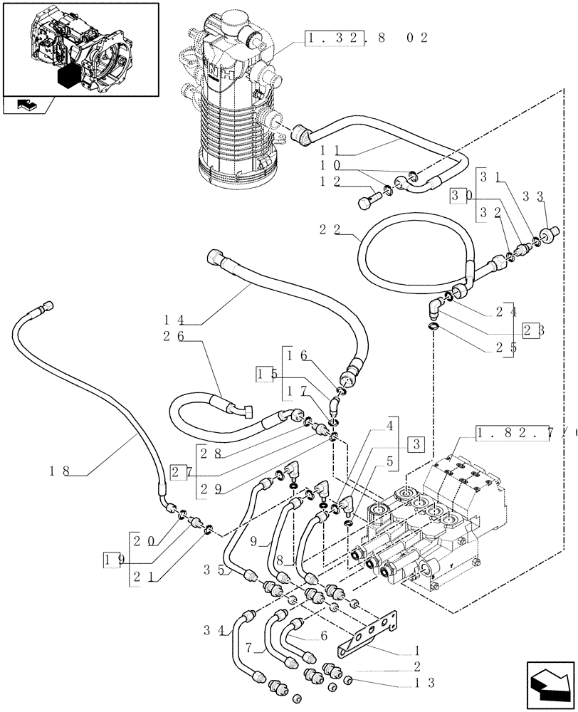 Схема запчастей Case IH MAXXUM 115 - (1.82.7/03[02]) - 3 ELECTRONIC MID MOUNTED VALVES - PIPES (VAR.330561-333561) (07) - HYDRAULIC SYSTEM