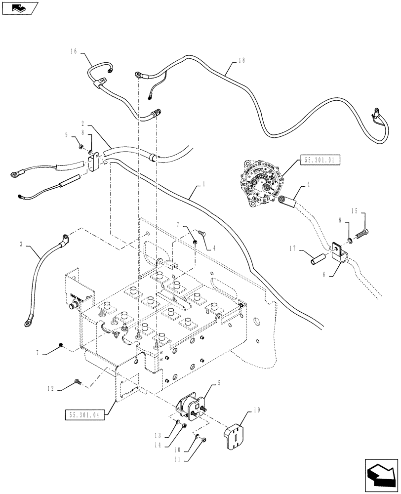 Схема запчастей Case IH STEIGER 450 - (55.302.04[02]) - BATTERY CABLES & RELAY LAYOUT - STEIGER 350 (55) - ELECTRICAL SYSTEMS