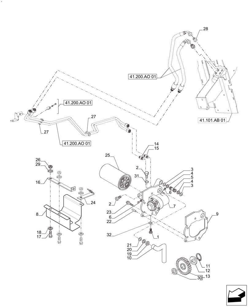 Схема запчастей Case IH FARMALL 125A - (41.200.AX[01]) - TANDEM HYDRAULIC PUMP PIPING (41) - STEERING