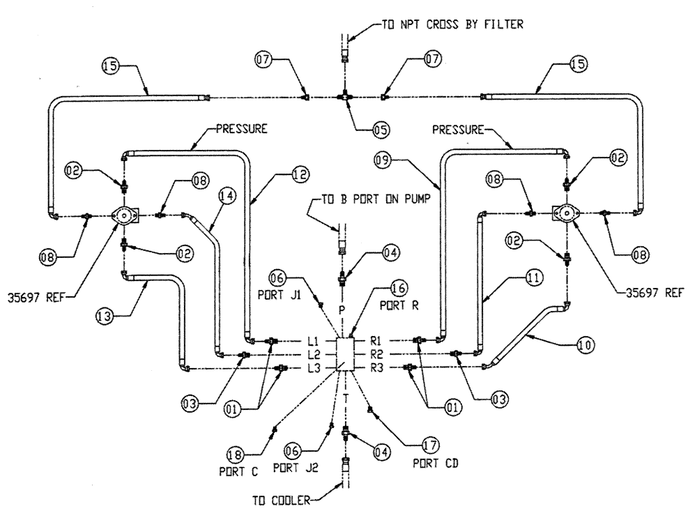 Схема запчастей Case IH FLEX-AIR - (06-008) - FAN LOOP FITTING GROUP Hydraulic Plumbing