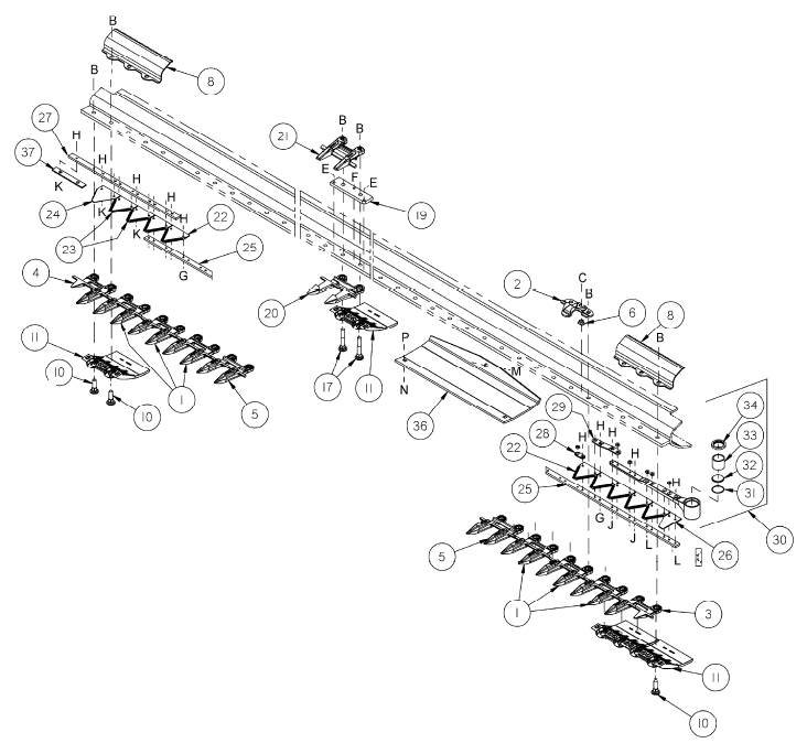 Схема запчастей Case IH 2162 - (09-07) - SICKLE AND GUARDS - DOUBLE SICKLE HEADERS - POINTED GUARDS, IF EQUIPPED 