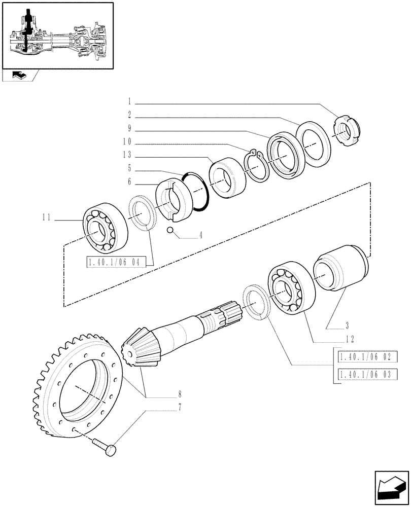 Схема запчастей Case IH FARMALL 80 - (1.40.1/06[01]) - 4WD FRONT AXLE - BEVEL GEAR/PINION SET (04) - FRONT AXLE & STEERING