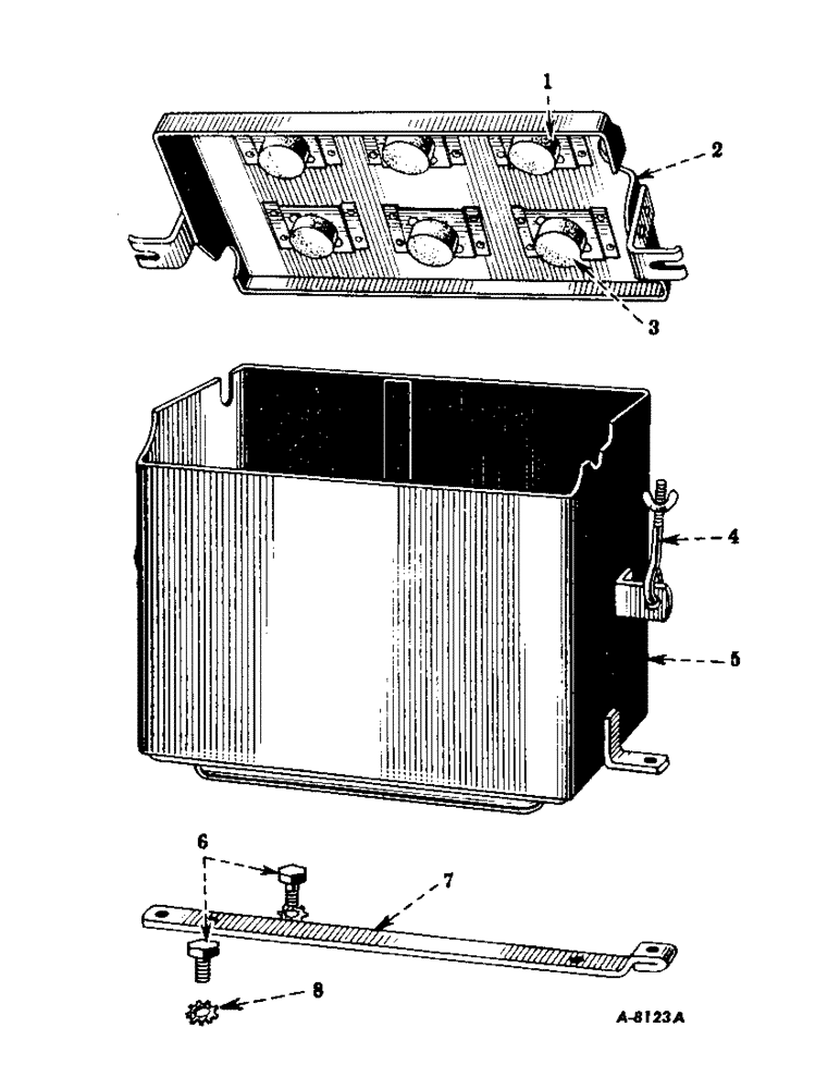 Схема запчастей Case IH SUPER M - (184[A]) - ELECTRICAL SYSTEM, DIESEL ENGINE, BATTERY BOX, UNDER FUEL TANK, FOR TRACTORS F-501 TO F-28174 (06) - ELECTRICAL SYSTEMS