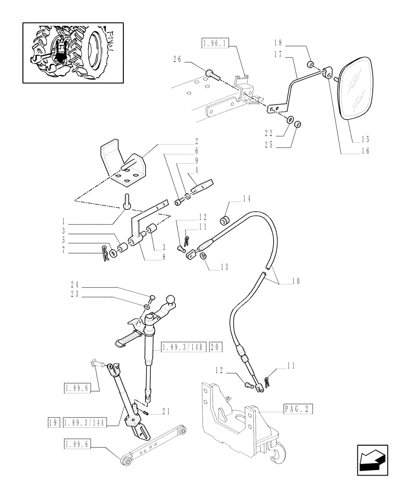 Схема запчастей Case IH JX100U - (1.89.3/14[01]) - (VAR.929) TOW HOOK AND DRAWBAR (PICK-UP) - MIRRORS & FLEXIBLE CABLE (09) - IMPLEMENT LIFT