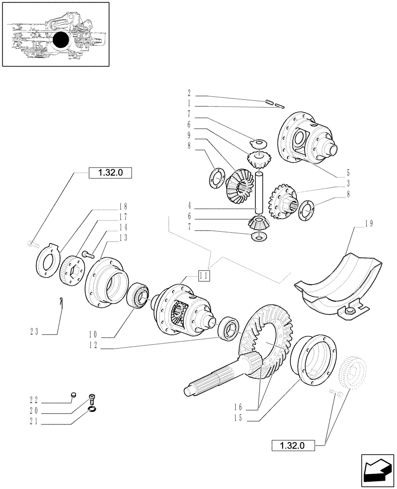 Схема запчастей Case IH JX1090U - (1.32.4/01) - (VAR.451) STIFFENED SIDE REDUCTION UNITS - DIFFERENTIAL AND RELEVANT PARTS, BEVEL GEAR PAIR (03) - TRANSMISSION